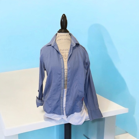 Franky Max cotton button down shirt. Baby blue with white stitching accent - Picture 12 of 16